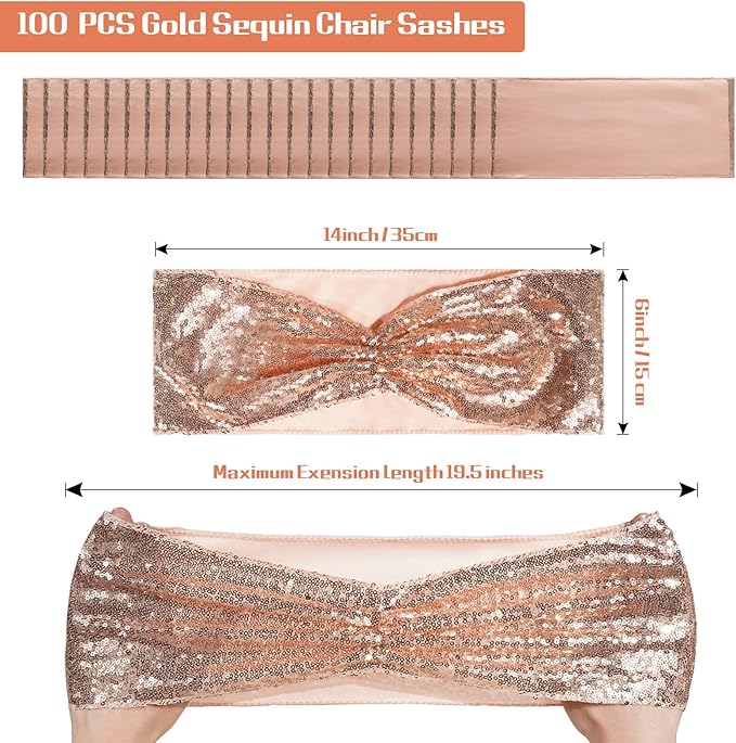 SquarePie Pack of 100 Chair Sashes Bands Rose Gold Stretch Spandex One-Sided Sequin Chair Bows Sashes for Wedding Party Fiesta Decor
