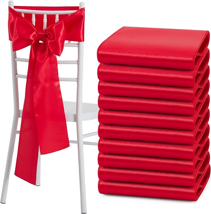 50 Pcs Red Satin Chair Sashes Bows Universal Chair Cover for Wedding Reception Events Banquets Party, Hotel Event Decorations, 6 x 108 inch