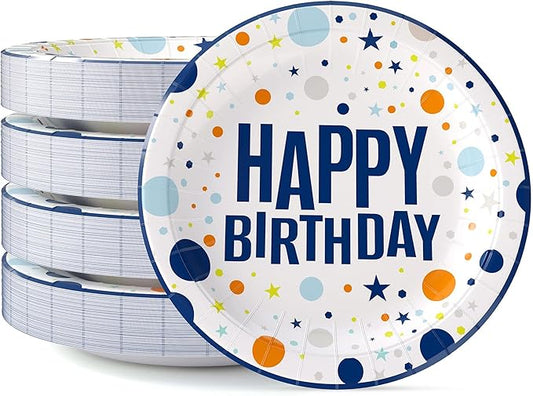 Exquisite Blue Happy Birthday Plates 7" Birthday Paper Plates 100 Pcs Blue Party Plate | Disposable Heavy Duty 350 Gsm Disposable Plate For Party Supplies And Decorations