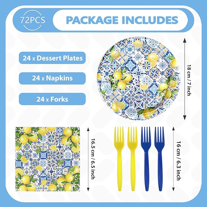 72Pcs Capri Lemon Party Decorations Blue Tiles Yellow Lemon Plates and Napkins Amalfi Coast Party Decorations for Summer Capri Lemon Coast Birthday Bridal Shower Party Supplies Serves 24