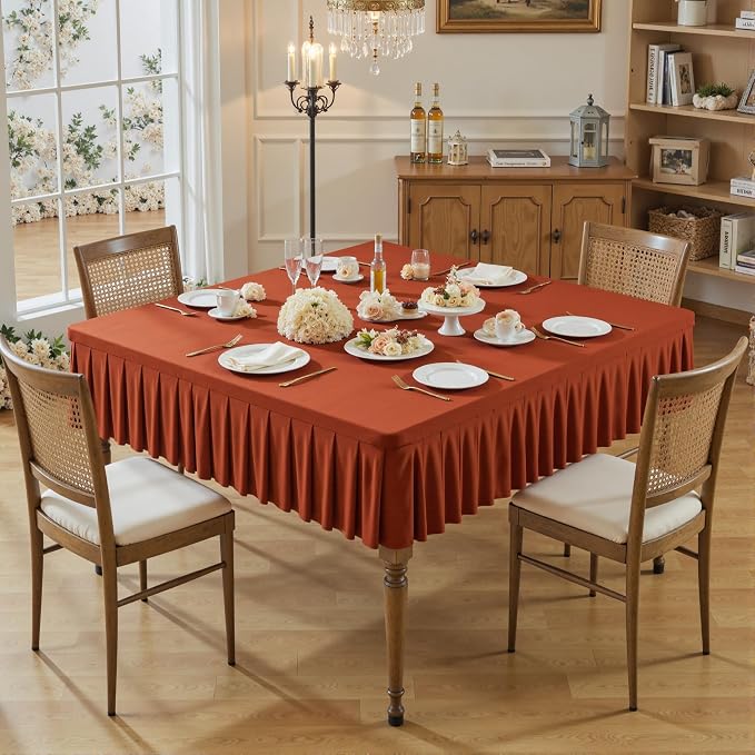Wish Care Rust Spandex Tablecloths for 48x48 Inch Square Tables, Stretch Fitted Table Clothes with Pleated Ruffle Skirt for 48” Table, Wrinkle Free and Elastic, for Party Kitchen Home Dining