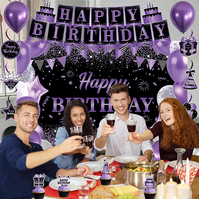 DARUNAXY Purple Birthday Party Decorations Set | Happy Birthday Banner & Sash, Balloons Pom Poms Cake Topper Hanging Swirl Decor, Birthday Gifts Party Supplies for Women Girl