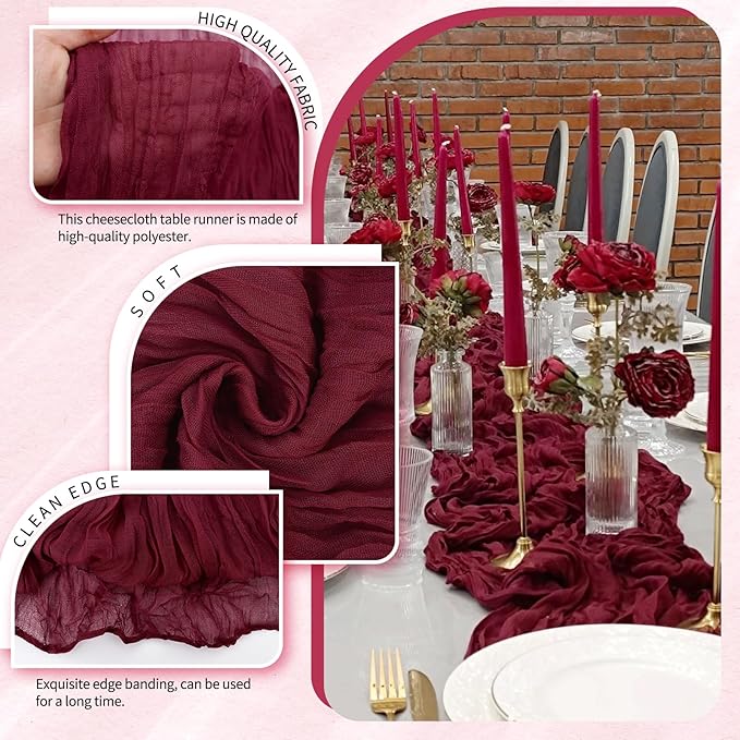 1 Pack Cheesecloth Table Runner 10FT Burgundy Red Table Runner Boho Gauze Cheese Cloth Table Runners Long Rustic Sheer Table Decorations for Wedding Party Baby Bridal Shower Birthday Holiday Home