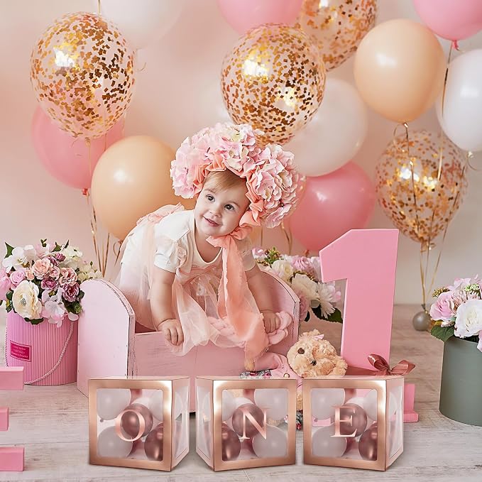 Thyle 12 Pcs Transparent Balloon Boxes Clear Balloon Boxes with 99 Letters for Baby Shower Gender Reveal Grad Birthday Party Bridal Wedding Anniversary Backdrop Decoration (Rose Gold)