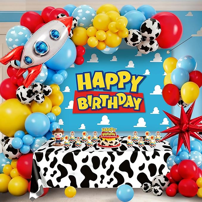 Cowboy and Space Birthday Decorations for Boys, Cartoon Theme Party Supplies with Cloud Backdrop, Cow Print Tablecloth, Rocket Foil Balloon, Cake Toppers, Red Yellow Blue Balloon Arch Kit