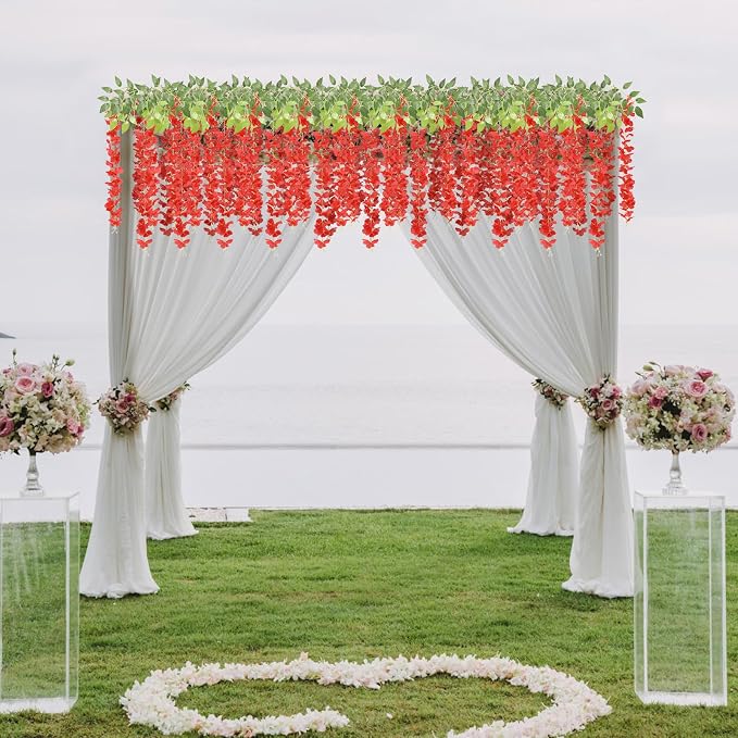 U'Artlines 24 Pack (Total 86.4 Feet) Artificial Fake Wisteria Vine Rattan Hanging Garland Silk Flowers String Home Party Wedding Decor (24, Red)