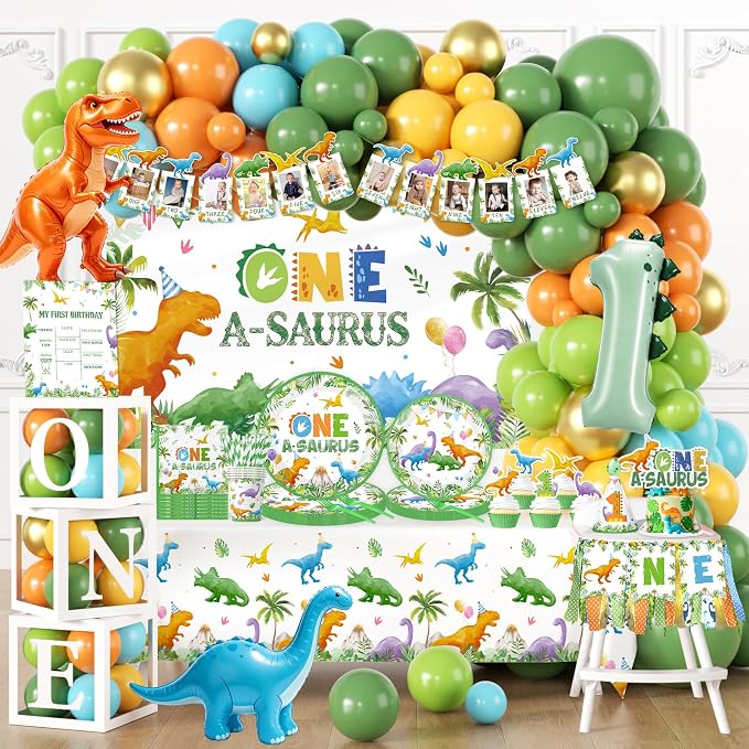 One a Saurus Birthday Decorations - 250Pcs Dinosaur Themed Party Supplies with Tableware Balloon Arch Garland Backdrop Banner Cake Topper,1st Birthday Decorations Boy
