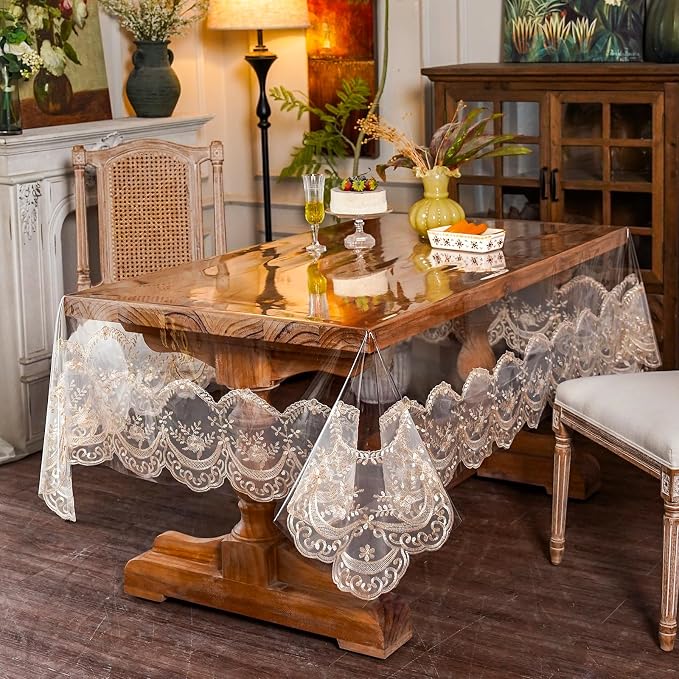 ARTABLE Vinyl PVC Rectangle Tablecloth Waterproof Clear Table Cover with Champagne Lace Macrame Border for Wedding Kitchen Home Outdoor Indoor Holidays Party Decor (Champagne-1, 60 x 104 Inch)