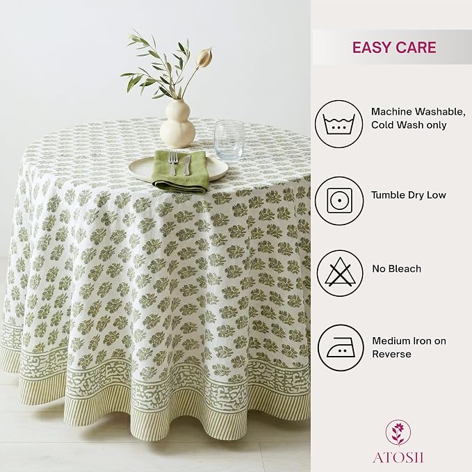 ATOSII Ivy Green 100% Cotton Round Boho Fall Tablecloth, Handblock Floral Table Cloth Linen for Kitchen Dining I Parties Weddings Outdoors Picnics Easter Mothers Day I 72" Inches Round I 4 Seater