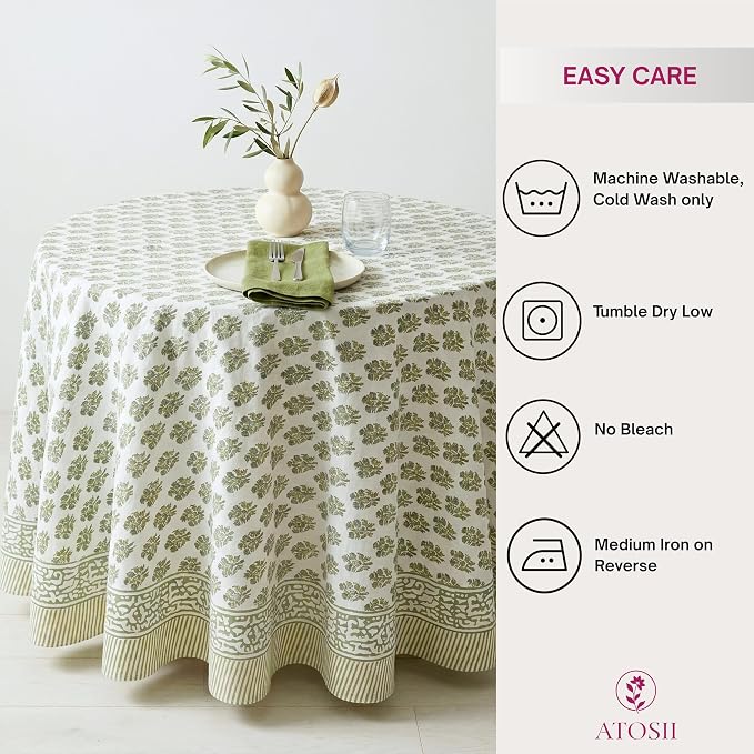 ATOSII Ivy Green 100% Cotton Round Boho Fall Tablecloth, Handblock Floral Table Cloth Linen for Kitchen Dining I Parties Weddings Outdoors Picnics Easter Mothers Day I 90" Inches Round I 6-8 Seater