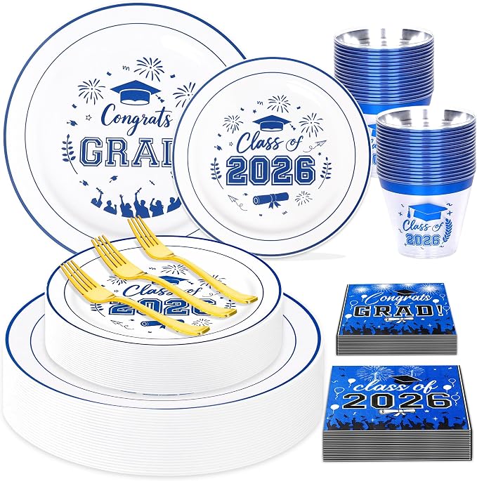 150 Pcs 2026 Graduation Plastic Plates with Disposable Silverware Serves 30 Guests, White Blue Graduation Disposable Plates Including 30 Dinner&Dessert Plates, Cups, Napkins, Gold Forks for Party