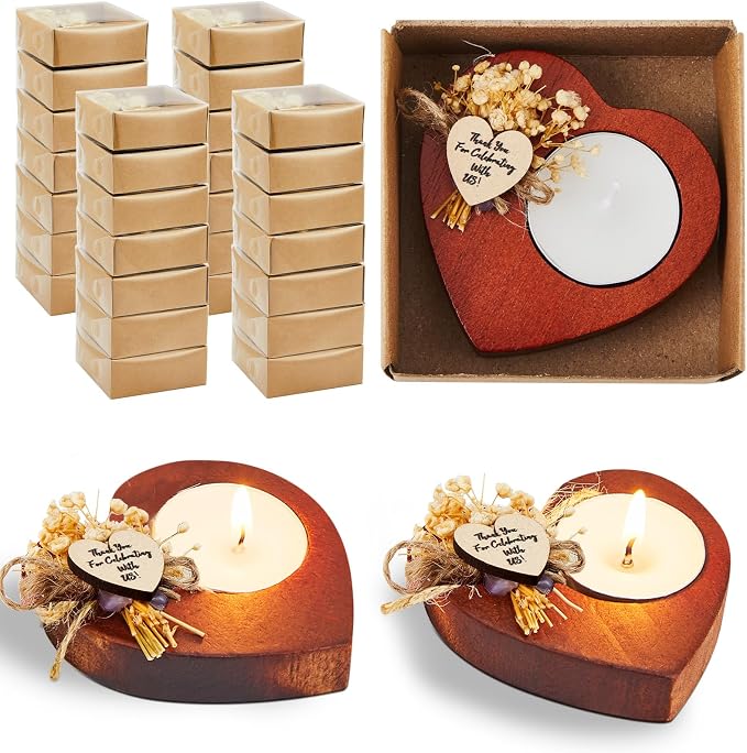 100 Pcs Wedding Candles Favors Rustic Wood Heart Candle Holders Bridal Shower Thank You Gifts for Guest Anniversary,Engagement Party Favors Decor (Deep Wood Color)