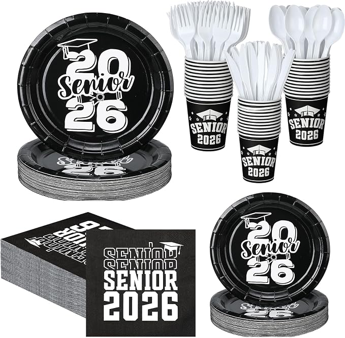 Yungyan 252 Pcs Senior 2026 Graduation Party Tableware Set Black and White Class of 2026 Grad Paper Plates Napkins Cups Forks Knives Cutlery for Graduate Party Decorations Supplies,Serve 36