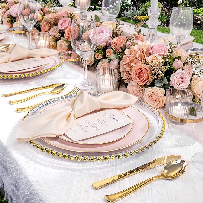 WDF 300Pcs Pink Plates Disposable - Pink and Gold Plastic Dinnerware Set for 50 Guests Include 50 Dinner & Cake Plates & 50 Disposable Cutlery & 50 9oz Cups for Wedding/Baby Shower/Spring/Mother's Day