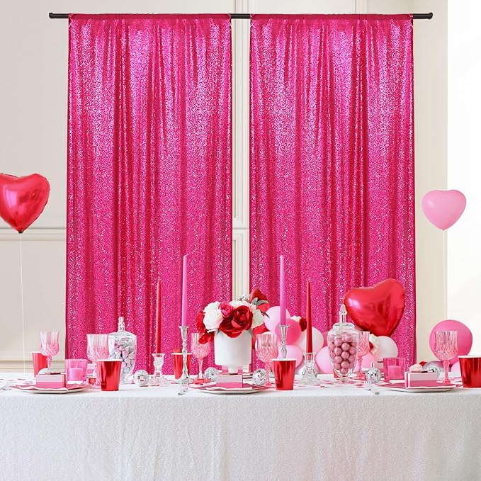 PartyDelight Hot Pink Sequin Backdrop Curtains 5x10ft 2 Panels | 3mm stitched sequin curtain with 4 inch rod pocket for 5x10ft wide reception wall head table stage backdrop and event display