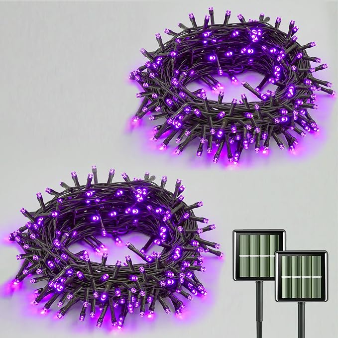 QITONG Purple Solar String Lights, 2 Pack Each 33ft 100 LED Solar Christmas Fairy Lights Outdoor Waterproof, 8 Modes Green Wire Twinkle Lights for Outside