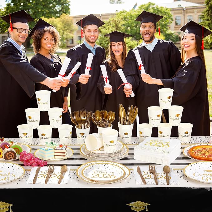 175pcs Class of 2026 Graduation Plates and Napkins Set, Disposable Paper Plate Set Polka Dots Napkin Cups Knife Fork Spoon for Graduation Party Decorations and Supplies,Serve 25 (White Gold)