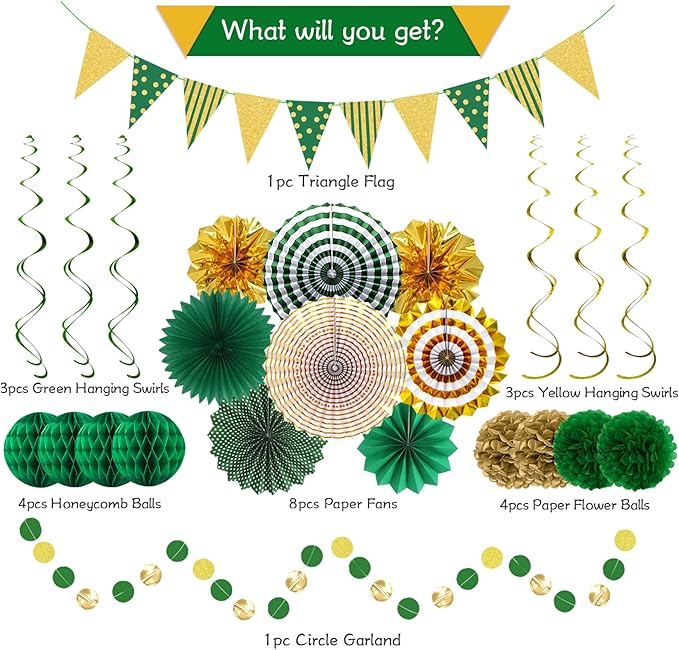 Green Gold Party Decorations, Graduation Season Hanging Glitter Triangle Flags Banner Paper Fan Tissue Pom Poms Garlands, St. Patrick's Day, Bridal Shower, Green Master Golf Themed Birthday