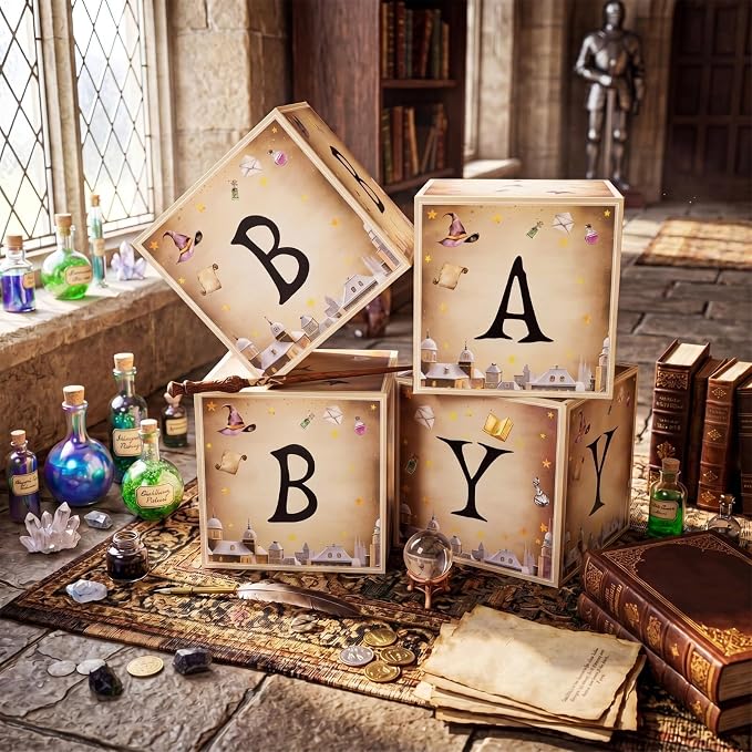 AmazingSpark 4 Pcs Magical Wizard Baby Shower Boxes with Letters Magical Wizard Theme Candy Box Decor with Letters Blocks Baby Shower Centerpiece for Party Backdrop