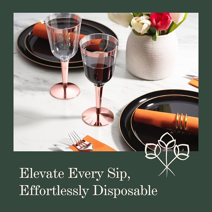 BloominGoods 50 Rose Gold Rimmed Disposable Plastic Wine Glasses | Large 10 oz. Premium Clear Hard Plastic Fancy Wine Cups for Weddings & Events (50-Pack)