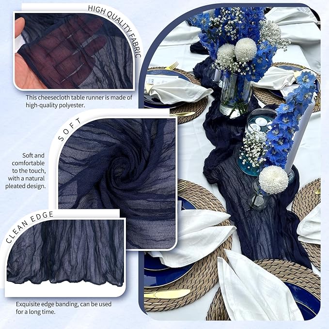 30 Pack Cheesecloth Table Runner 10FT Navy Blue Table Runner Boho Gauze Cheese Cloth Table Runners Long Rustic Sheer Table Decorations for Wedding Party Baby Bridal Shower Birthday Holiday Home