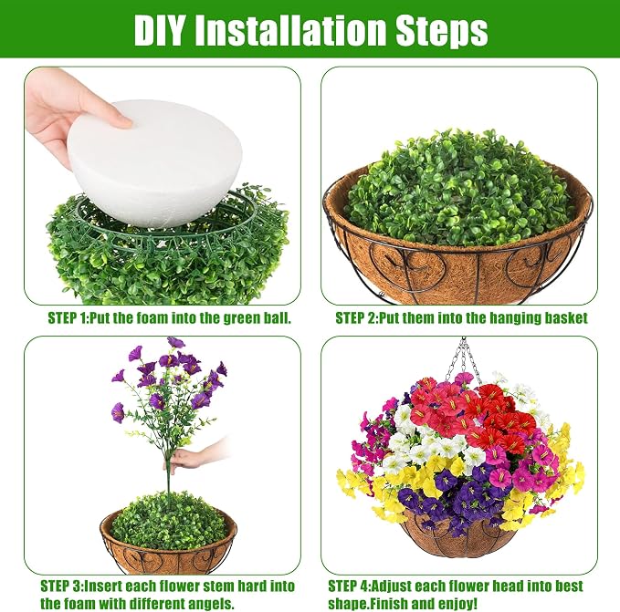 Artificial Flowers for Outdoors with Baskets Hanging Plant Faux Flowers UV Resistant Fake Silk Morning Glory with Eucalyptus for Planter Porch Garden Home Spring Summer Decoration(Mixed 6 colors)