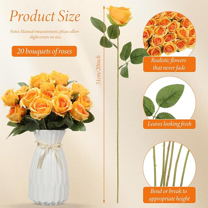 Hotop 20 Pcs Artificial Rose Flowers with Long Stem, Real Lifelike Silk Realistic Plastic Bouquet Roses Bulk for Home Decor Bridal Wedding Party Table Centerpieces Decorations(Orange)