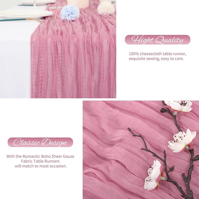 20 Pack Dusty Rose Cheesecloth Table Runner 120 Inch 10FT Rustic Boho Gauze Cheese Cloth Table Runner for Wedding Party Baby Shower Thanksgiving Christmas Decoration