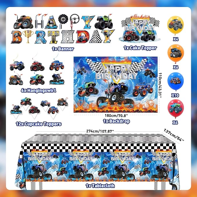 Monster Truck Birthday Decorations Party Decorations Set Include Truck Balloons, Tablecloth, Backdrop, Cake Cupcake Toppers, Hanging Swirls, Banner Monster Truck Party Supplies for Boys Birthday Decor