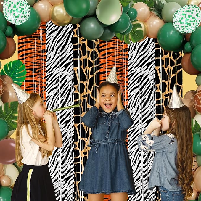 Jungle Safari Balloon Arch Garland Kit Birthday Party Decorations, Animal Foil Fringe Curtains Backdrop Tinsel Streamers Banner Tropical Palm Leaves for Safari Themed Wild Party Decor Supplies Favors
