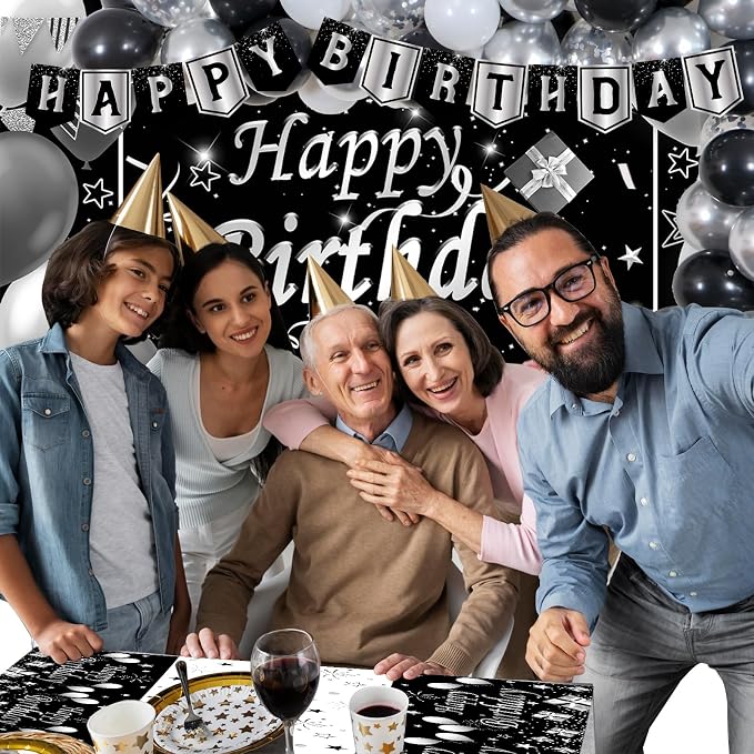 Silver and Black Birthday Decorations for Men Women Boys Girls 80 PCS White Black and Silver Party Decorations Happy Birthday Backdrop Banner Confetti Star White Balloon Arch Tablecloth Party Supplies