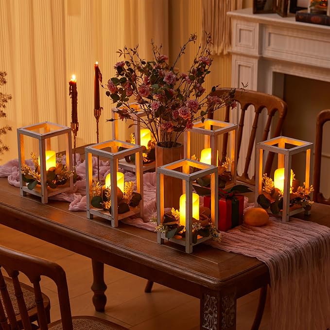 18 Pcs /6 Set Wooden Wedding Lantern Centerpiece-Wooden Candle Lantern Bulk Includes 6 Farmhouse Wooden Candle Holder 6 Flameless LED Candles 6 Eucalyptus Leaves Wreath for Decoration
