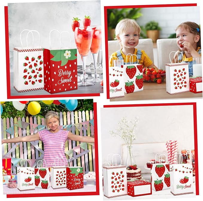 Outus 24 Pcs Strawberry Party Favor Bags Summer Strawberry Gift Goodie Paper Bags with Handles Red Berry Sweet Candy Treat Pouch for Berry First Birthday Party Decorations Supplies
