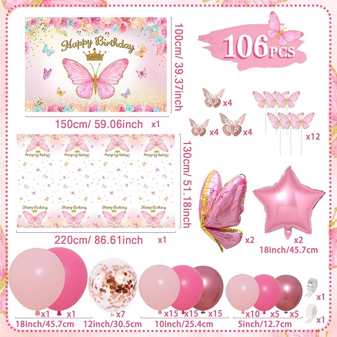Pink Balloon Arch Kit with Foil Butterfly Balloons, Happy Birthday Backdrop & Tablecloth Decorations for Girl's Party - 106 Supplies