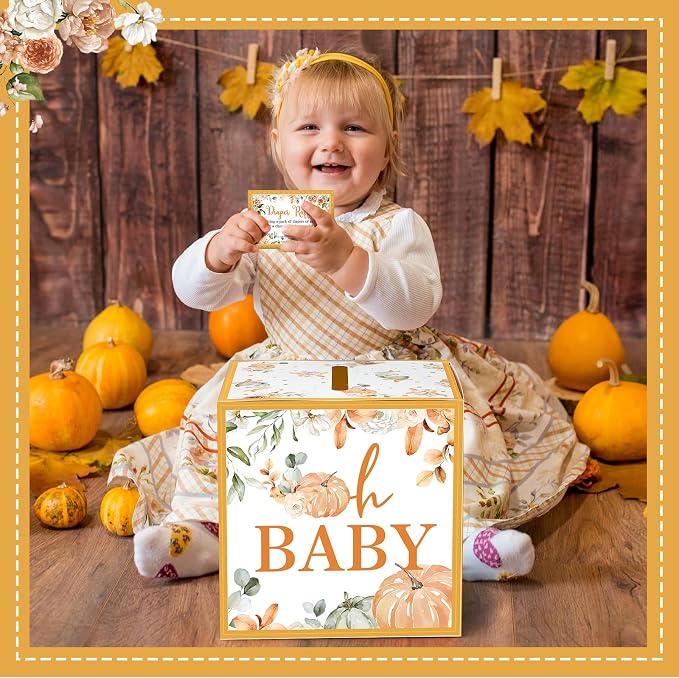Teling 51 Pieces Diaper Raffle Tickets with Card Box Baby Shower Decorations Gender Reveal Holder Box for Girl Boy Diaper Raffle Party(Little Pumpkin)