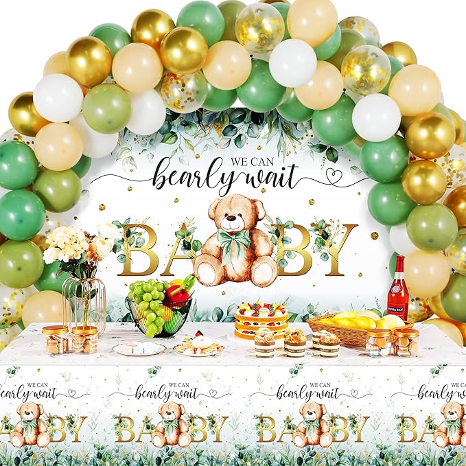 Breling 61 Pcs Bear Baby Shower Decorations Sage Green Bear Baby Party Decor Kit We Bearly Wait Backdrop Tablecloth Balloons Arch Bears Theme Party Supplies for Kids Birthday Shower
