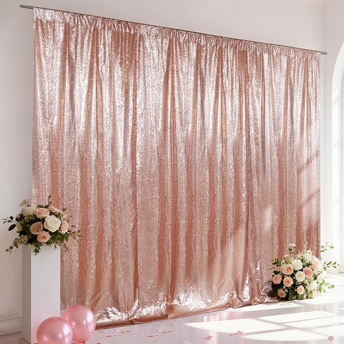 SquarePie 20x10ft Rose Gold Sequin Backdrop for Photography, Satin-Backed Real Sequin Curtain, Enhanced Coverage Shimmering Background with 4" Rod Pocket for Wedding, Birthday, Party Decor, 1 Panel