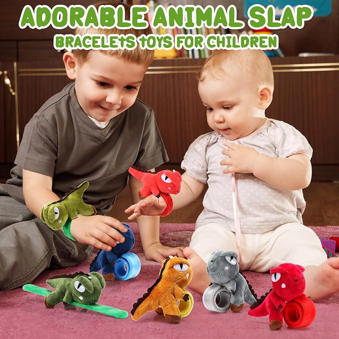 Lenwen 8 Pcs Dinosaur Stuffed Animals Slap Bracelets for Kids 8.66 Inch Back to School Plush Animal Bracelets Wrist Slap Snap Band Toy Adopt a Dinosaur Party Favors for Boys Girls Birthday Gifts