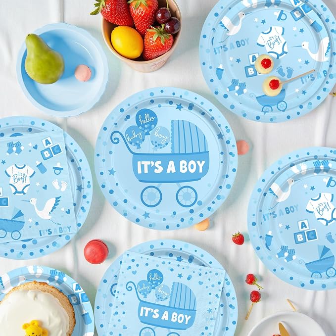 Baby Boy Shower Decorations for 24 Guests - It’s A Boy Decorations Kit Including Disposable Plates, Napkins, Cups, Tablecloth & Banner for Baby Shower Decorations Boy