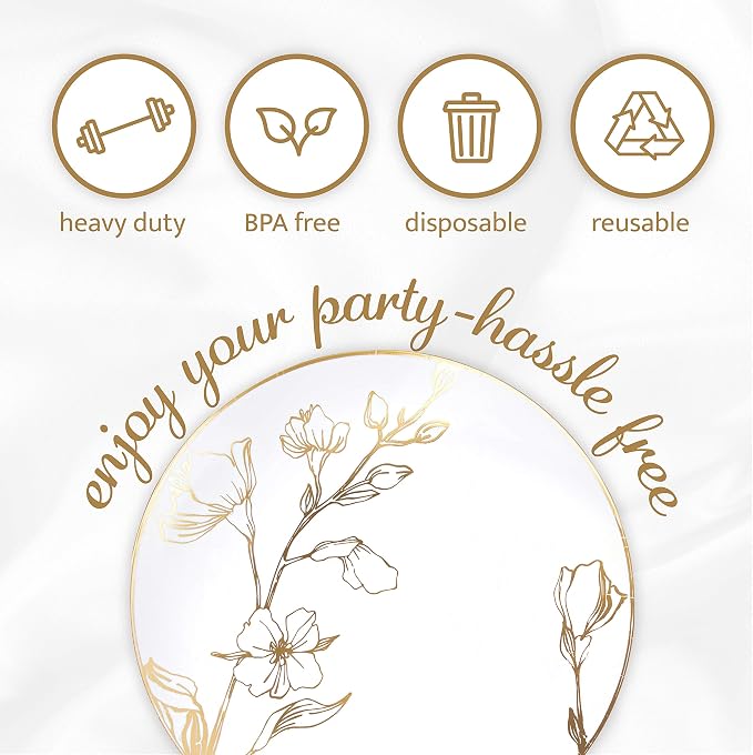 PLASTICPRO White Plastic Floral Design Party Plates With Gold Rim Premium heavyweight Elegant Disposable Tableware Dishes (120, 7'' INCH PLATES)