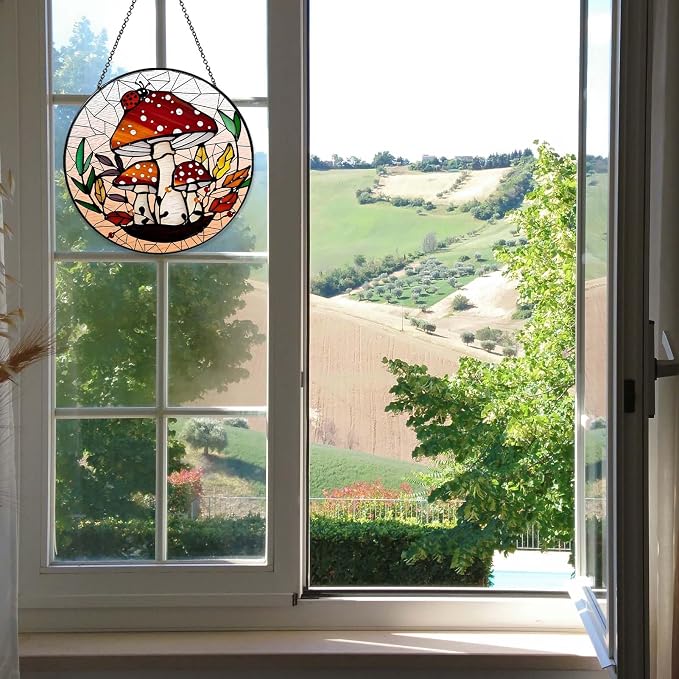 Mushroom Forest Sun Catcher Stained Glass Window Hanging Mushroom Lover Gifts for Women Wall Decor Handmade Sun Catcher Decoration for Home Graden Housewarming Gifts