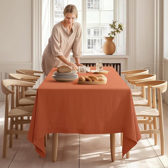 Linen World Fall Linen Tablecloth 90" x 60" Inch,French Linen Washable Rectangular Table Cloth for Dining,Outdoor,Weddings and Restaurants,Decorative Thanksgiving Christmas,Burnt Orange