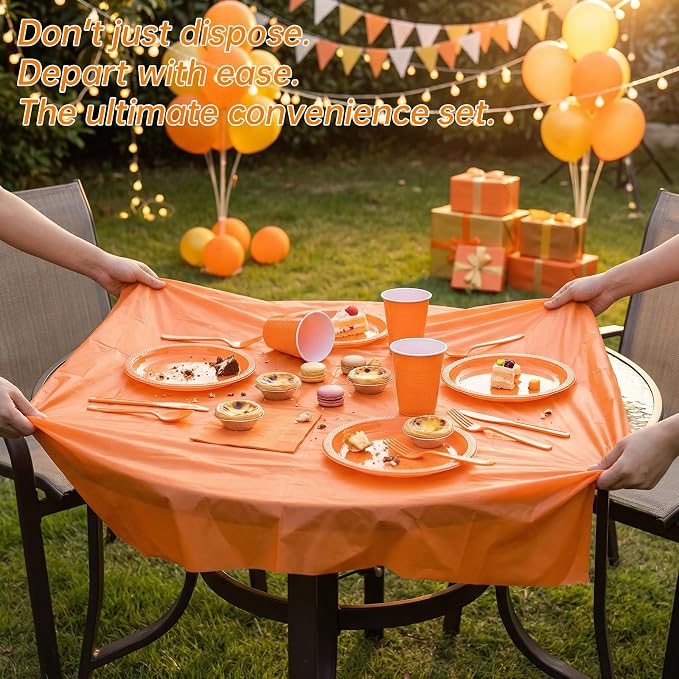 352 Pcs Orange Plastic Plates Party Set, 50 Guests Disposable Dinnerware Set with Orange Tablecloths, Vibrant Orange Plastic Plates Party Set for Birthday/Halloween/Fall Party/Fiesta