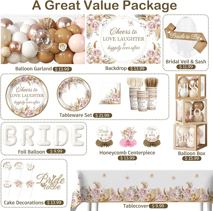 cocomigo 301pcs Boho Bridal Shower Decorations Complete Party Set, Serves 25 Guests, Boho Wedding Engagement Theme Bridal Shower Decorations, includes Balloon Arch Box Tableware Veil Shoulder Straps