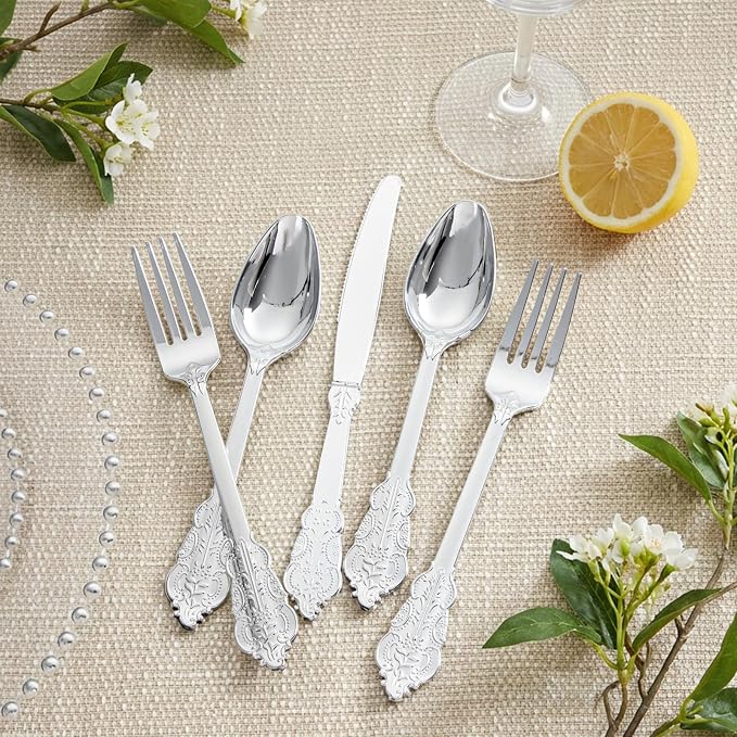 Supernal 360pcs Silver Plastic Silverware Set with Embossed Handles,Vintage Heavy Duty Baroque Disposable Cutlery (120 Forks, 120 Spoons, 120 Knives) | Elegant Utensils for Wedding, Party,Anniversary