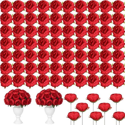 Suncalla 100 Pcs Artificial Peony Flower Bulk Silk Peony Flowers Heads with Stems Realistic Fake Roses for DIY Wedding Craft Bridal Bouquets Table Centerpieces Vase Home Decor (Red,3.5 Inch)