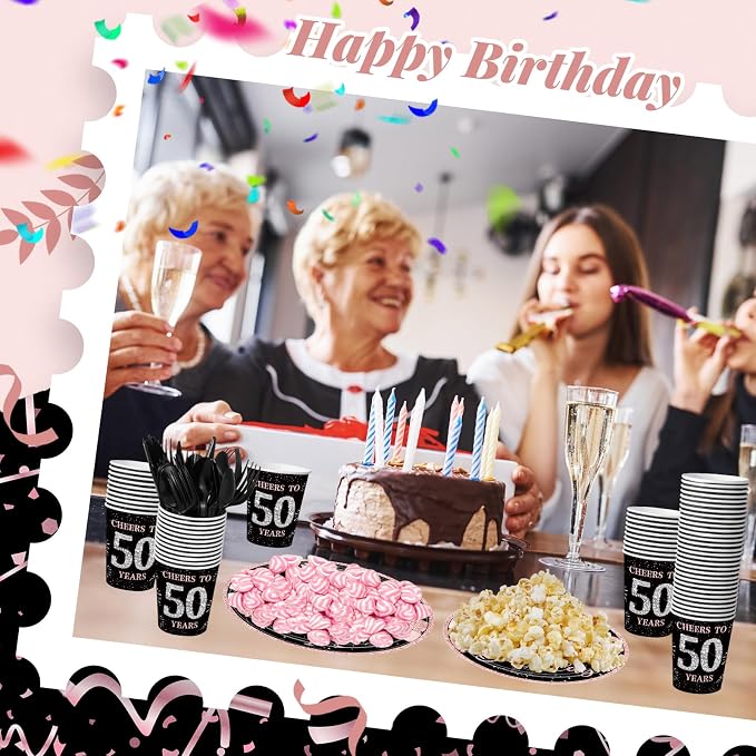 240 Pcs 50th Birthday Decorations 1976 Birthday Party Tableware Include Plates Napkins 9oz Cups Cutlery 50th Anniversary Party Supplies for Men Women Him Her, Serve 30 Guests (Black Pink)