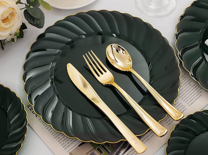 YOUBET 150PCS Emerald Green Plastic Plates - Green and Gold Disposable Dinnerware Include 50 Plates, 25 Knives, 25 Forks, 25 Spoons, 25 Napkins Ideal for Party & Wedding