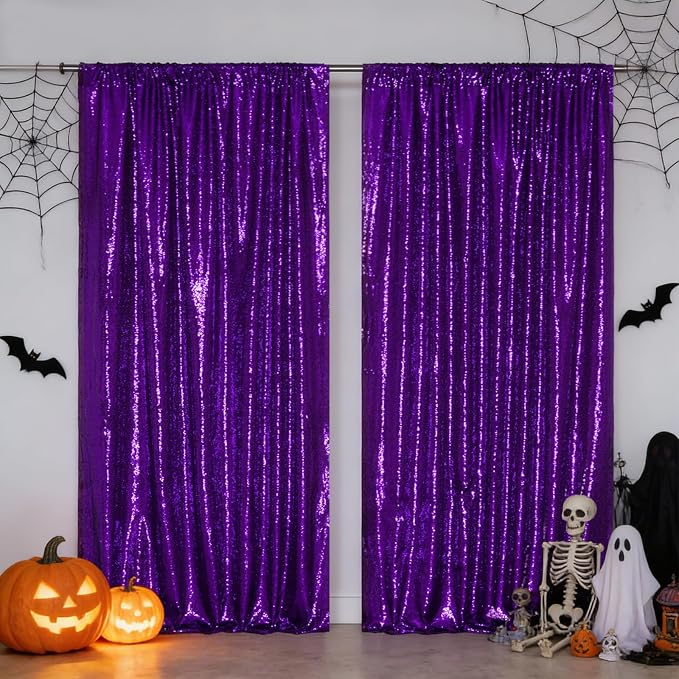 SquarePie 2 PCS 4x10ft Purple Sequin Backdrop for Photography, Extra Long Satin-Backed Real Sequin Curtain, High-Density Shimmering Background with 4" Rod Pocket for Wedding Ceremony, 2 Panels