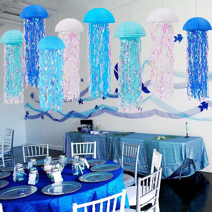 Mermaid Party Decorations, Jellyfish Paper Lanterns Blue White Hanging Lantern for Mermaid Birthday Party Baby Shower Under The Sea Ocean Blue Birthday Decorations Pack of 8